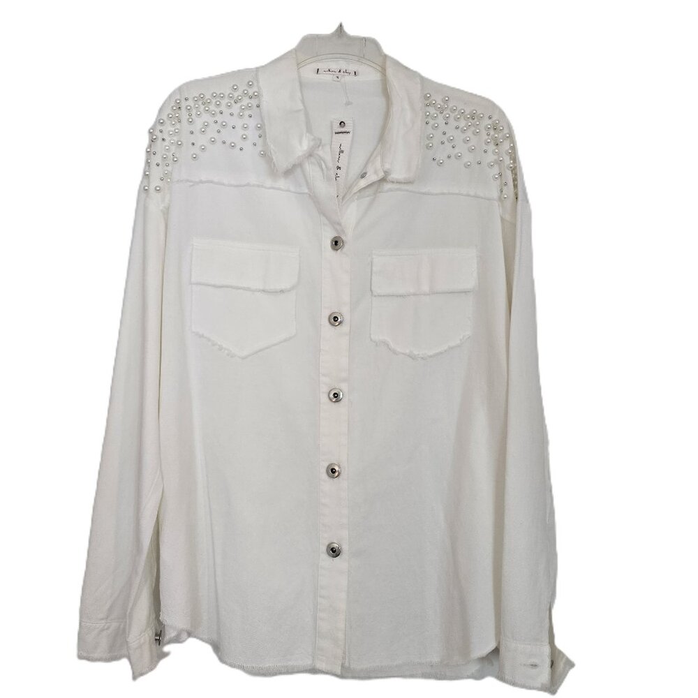 NWT Willow & Clay White Pearl Ebellished Denim Shirt Shacket LS Size Small - Picture 2 of 16